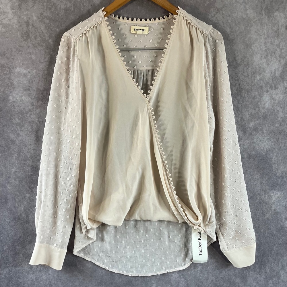 L'AGENCE Blouse Women M Beige Swiss Dot Surplice Loop Trim‎ V-Neck Long Sleeve